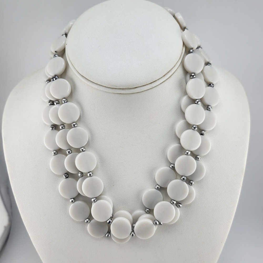 White Disc Bead Necklace‎ Two Strand Silver Tone Accents Statement Fashion